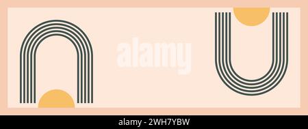 Minimalistische geometrische Zen-Bogen-Bannervorlage. Abstrakte Boho-Formen in Retro-Ästhetik für vielseitige Designanwendungen. Vektorkonzeptkonstruktion. Stock Vektor
