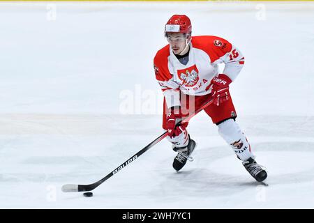 Sosnowiec, Polen. Februar 2024. Patryk Wronka während des Olympischen Eishockey-Qualifikationsspiels zwischen Polen und Estland am 8. Februar 2024 (Foto: Michal Dubiel/SIPA USA) Credit: SIPA USA/Alamy Live News Stockfoto