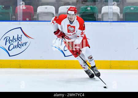 Sosnowiec, Polen. Februar 2024. Bartlomiej Jeziorski während des Olympischen Eishockey-Qualifikationsspiels zwischen Polen und Estland, Polen, am 8. Februar 2024 (Foto: Michal Dubiel/SIPA USA) Credit: SIPA USA/Alamy Live News Stockfoto