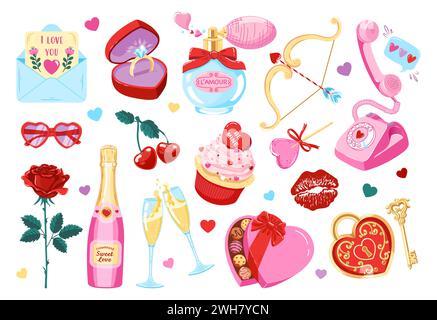 Set mit niedlichen Elementen zum Valentinstag. Kritzele Skizzen romantischer Objekte. Vektorabbildungen Stock Vektor