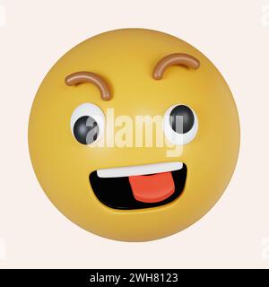 3D verrückte Emotionen. Ein Gesicht, das eine ausgehobene Zunge zeigt. Symbol isoliert auf grauem Hintergrund. 3D-Darstellung. Beschneidungspfad. Stockfoto