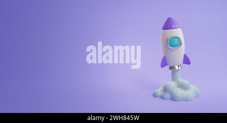 3D-Rakete fliegt im Weltraum. Raumschiff Rakete Mittagessen auf violettem Hintergrund. Banner, 3D-Rendering-Abbildung. Stockfoto