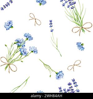 Aquarellstrauß von blauen Kornblumen Blumen und Lavendelillustration isoliert auf Hintergrund. Details zu Schönheitsprodukten und Botanik-Set, Kosmetik Stockfoto