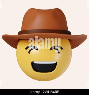 3D Cowboy Hut Emoji. Fröhlich lächelndes Emoticon mit braunem Lederhut. Symbol isoliert auf grauem Hintergrund. 3D-Darstellung. Beschneidungspfad. Stockfoto