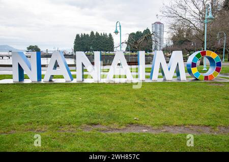 Das Nanaimo-Schild im Maffeo Sutton Park in Nanaimo, British Columbia, Kanada Stockfoto