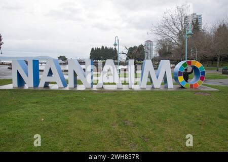 Das Nanaimo-Schild im Maffeo Sutton Park in Nanaimo, British Columbia, Kanada Stockfoto