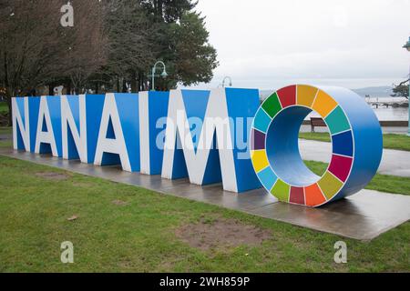 Das Nanaimo-Schild im Maffeo Sutton Park in Nanaimo, British Columbia, Kanada Stockfoto