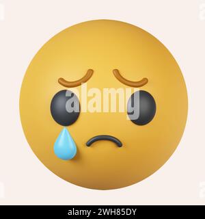 3d trauriges weinendes Emoticon. Rendern Sie weinendes Emoji mit Tränen. Unglückliches Gesicht. Kommunikation, Web, Soziale Netzwerke. Symbol isoliert auf grauem Hintergrund. 3D Stockfoto
