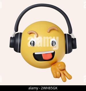 3D Emoji Emoticon Gesicht mit Headset. Symbol isoliert auf grauem Hintergrund. 3D-Darstellung. Beschneidungspfad. Stockfoto
