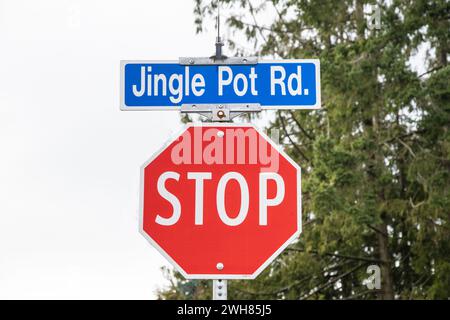 Jingle Pot Road Schild in Nanaimo, British Columbia, Kanada Stockfoto