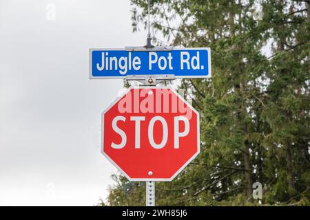 Jingle Pot Road Schild in Nanaimo, British Columbia, Kanada Stockfoto