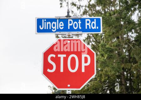 Jingle Pot Road Schild in Nanaimo, British Columbia, Kanada Stockfoto