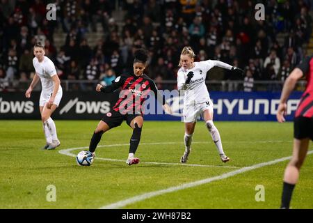 Frankfurt, Deutschland. Februar 2024. Frankfurt, 8. Februar 2024: Shekiera Martinez ( 9 Frankfurt) während des DFB-Pokal-Fußballspiels zwischen Eintracht Frankfurt und SC Freiburg im Stadion am Brentanobad in Frankfurt. (Julia Kneissl/SPP) Credit: SPP Sport Press Photo. /Alamy Live News Stockfoto