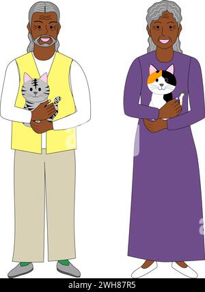 Schwarzes Seniorenpaar, mit Haustier, weißem Hintergrund Stock Vektor