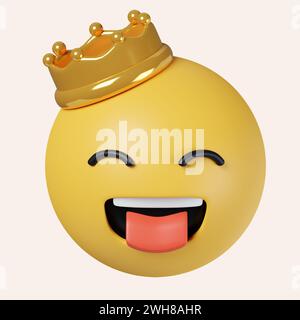 3D King Emoji. Emoticon tragende Krone. Symbol isoliert auf grauem Hintergrund. 3D-Darstellung. Beschneidungspfad. Stockfoto