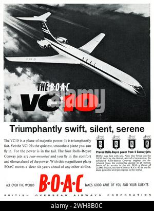 Eine Werbung der British Overseas Airways Corporation aus dem Jahr 1964, die ihr Vickers VC10-Flugzeug mit dem Slogan „The B.O.A.C. VC10 – triumphant SWIFT, Silent, Serene“ bewertete. Die Vickers VC10 ist ein mittelgroßer, schmalkörniger britischer Langstreckenflugzeug mit Vierfachmotor. Das Flugzeug wurde von Vickers-Armstrongs (Aircraft) Ltd entwickelt und gebaut und 1962 erstmals in Brooklands, Surrey, geflogen. Am 29. April 1964 ging es bei BOAC in Betrieb. Stockfoto