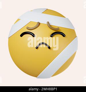 3D-Emoticon mit Verbandskopf-Emoji. Symbol isoliert auf grauem Hintergrund. 3D-Darstellung. Beschneidungspfad. Stockfoto