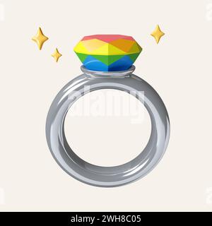 3D Ein LGBT-Schmuckring. Heirat fliegende Metallregenbogen lgbt Ringe. Symbol isoliert auf weißem Hintergrund. 3D-Darstellung. Beschneidungspfad. Stockfoto