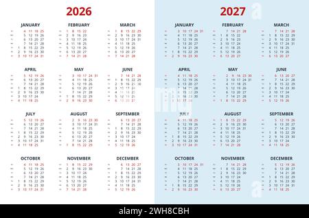 Kalendervorlage für das Quartal 2026, 2027 Jahre. Wandkalenderraster in minimalistischem Stil. Die Woche beginnt am Sonntag Stock Vektor