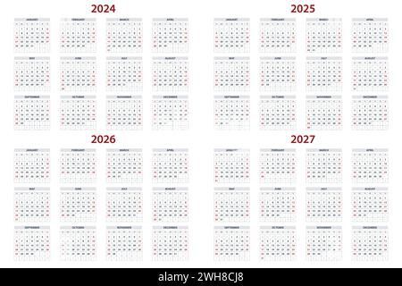 Kalendervorlage für Quartal für 2024, 2025, 2026, 2027 Jahre. Wandkalenderraster in minimalistischem Stil. Die Woche beginnt am Sonntag. Stock Vektor