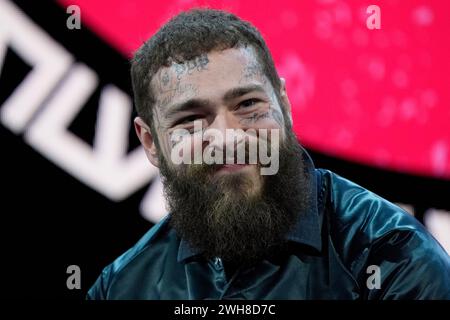 Post Malone während der Apple Music Super Bowl LVIII Halftime Show Press Conference im Mandalay Bay Convention Center in Las Vegas, Nevada. Bilddatum: Donnerstag, 8. Februar 2024. Stockfoto