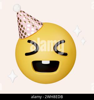 3D Party Emoji feiern Emoticon. Happy Birthday Gesicht Hut Emoji. Symbol isoliert auf grauem Hintergrund. 3D-Darstellung. Beschneidungspfad. Stockfoto