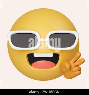 3D-Emoji-Lächeln mit Sonnenbrille und zwei Fingern. Symbol isoliert auf grauem Hintergrund. 3D-Darstellung. Beschneidungspfad. Stockfoto