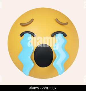 3D-Symbol für laut weinendes Gesicht. Gelbes Emoji mit offenem Mund, Tränen strömen aus seinen geschlossenen Augen. Symbol isoliert auf grauem Hintergrund. 3D-Rendering Stockfoto