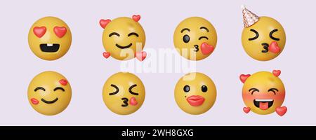 3D Love Emoji Set. Gelbes, hochglänzendes 3D-Emotions-Gesicht. Symbol isoliert auf grauem Hintergrund. 3D-Darstellung. Beschneidungspfad. Stockfoto