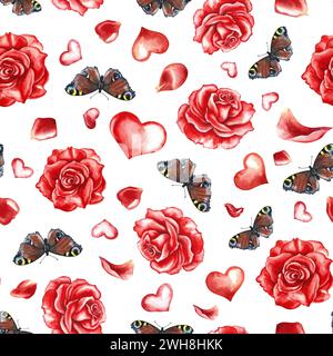 Nahtloses Muster mit roten Rosen, Schmetterlingen und Herz. Handgezeichnete Aquarellillustration. Für Verpackungen und Textilien, Geschenkpapier, Servietten, bac Stockfoto