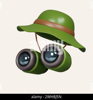 3D Campingmütze mit Fernglas. Elemente für Camping, Wandern, Sommercamp, Reisen, Reise. Symbol isoliert auf weißem Hintergrund. 3D-Rendering Stockfoto