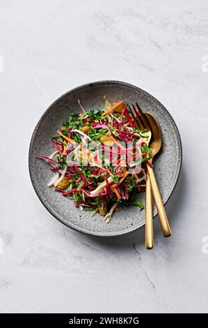 Winterkraut aus Grünkohl, Rote Bete und Fenchel, eingelegte goldene Rosinen, Rotkohl und gewürztes Birnendressing Stockfoto