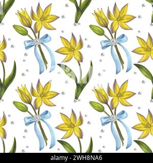 Nahtloses Blumenmuster in Gelb. Lily, der Frühling blüht. Bieberstein-Tulpe. Blaue Perlenbrosche mit Schleife. Handgezeichnete Aquarellillustration auf Stockfoto
