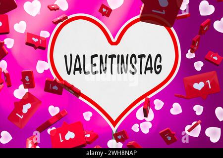 8. Februar 2024: Valentinstag, Gruß auf einem Herzzeichen umgeben von bunten Herzen und Social Media Likes für den Tag der Liebe zu Valentin FOTOMONTAGE *** Valentinstag, Gruß auf einem Herz Schild umgeben von bunten Herzen und Social Media Likes für den Tag der Liebe zu Valentin FOTOMONTAGE Stockfoto