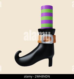 3D Halloween Hexenbein-Symbol. Traditionelles Dekor für Halloween. Symbol isoliert auf grauem Hintergrund. 3D-Darstellung. Beschneidungspfad. Stockfoto