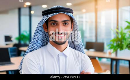 Selbstbewusster arabischer Profi: Ein Blick auf einen jungen, gutaussehenden Mann in Bürokleidung aus der Nähe. Stockfoto