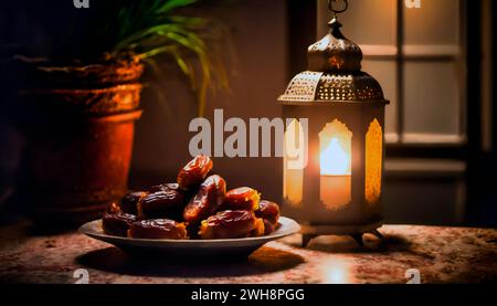 Festliche Ramadan-Momente: Nahaufnahme der Daten mit Laterne Glow auf Holzoberfläche. Stockfoto