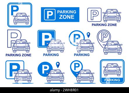 Parkzone, Parkplatz für Auto-Verkehrsmittel, Verkehrsschilder erlaubt. Straßenbahnhaltestelle für Autotransporte, Autogarage. Vektor Stock Vektor