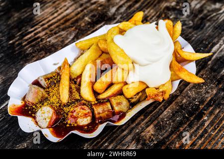 Köstliches deutsches Duo: Currywurst & Pommes mit Mayo dieses köstliche Foto vom 02. Februar 2024 fängt die klassische deutsche Streetfood-Kombination ein: Eine saftige Currywurst in einem reichhaltigen, würzigen Curryketchup, begleitet von goldenen, knusprigen Pommes frites und einem großzügigen Klecks Cremiger Mayonnaise. Das kräftige Rot der Currysauce bildet einen schönen Kontrast zu den goldbraunen Pommes frites und der weißen Mayonnaise, wodurch ein optisch ansprechendes und appetitliches Bild entsteht. Dieses Gericht verkörpert die Gemütlichkeit und Vertrautheit der deutschen Küche und eign Stockfoto