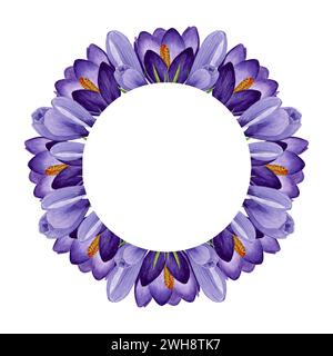 Violetter Krokuskranz, runder Rahmen mit Frühlingsblumen. Handgemalte Aquarellblume Illustration auf weißem Hintergrund Designelement für Etikett, Logo Stockfoto