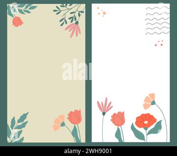 Set aus zwei eleganten Vorlagen mit handgezeichneten Blumen. Vertikales Vektordesign. Stock Vektor