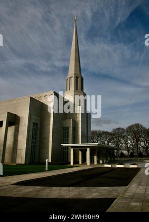 Eine Nahaufnahme des Preston England Mormon Temple am Stadtrand von Chorley, Lancashire, Großbritannien Stockfoto