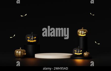 Halloween-Podium auf schwarzem Hintergrund mit gruseligen Gesichtern Kürbisse leuchten im Dunkeln. Schwarz-goldene Vorlage für Halloween. 3D-Rendering. Stockfoto