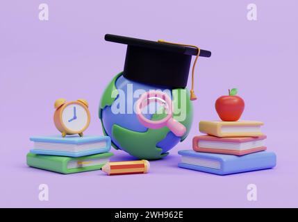 3D-Bildungskonzept. Globe mit Abschlussmütze mit Schulaccessoires auf lila Hintergrund. Zurück zur Schule. 3D-Darstellung. Stockfoto