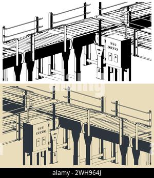 Stilisierte Vektorabbildungen von automatisierten Fabrikförderanlagen Stock Vektor