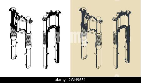 Stilisierte Vektorabbildungen einer vorderen Lenkgabel mit hydraulischem Federungssystem Stock Vektor