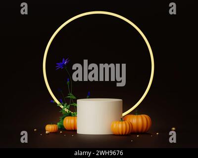 3D Podium Halloween mit Kürbissen und Blume im Dunkeln. Schwarz-goldene Vorlage für Halloween. 3D-Rendering. Stockfoto