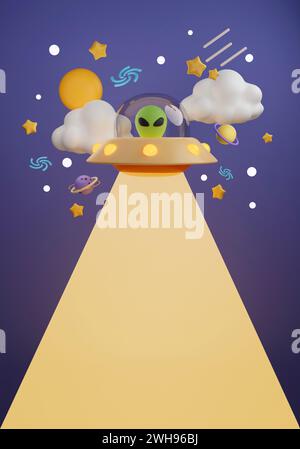 3D kreatives Cartoon-Raumdesign mit UFO Alien mit Planeten und Raumaccessoire auf dunklem lila Hintergrund. Banner, 3D-Rendering-Abbildung Stockfoto