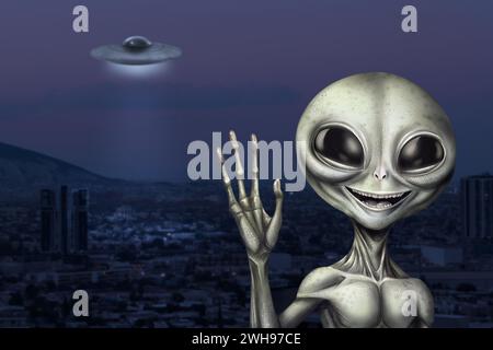 Alien und fliegende Untertasse in der Stadt. UFO, außerirdische Besucher Stockfoto