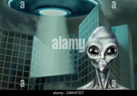 Alien und fliegende Untertasse in der Stadt. UFO, außerirdische Besucher Stockfoto